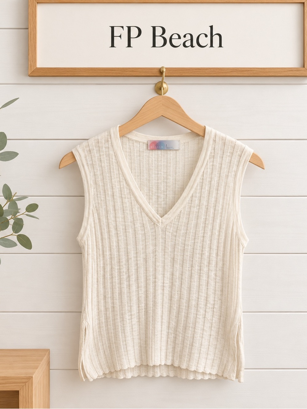 Free People FP Beach Ribbed V-Neck Top – Cream – Size S